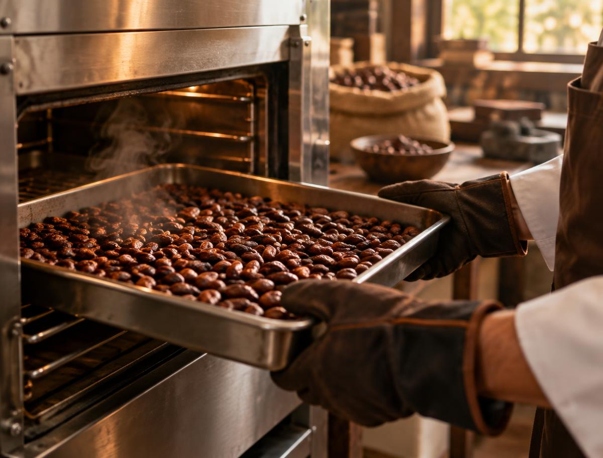 Cacao recién tostado saliendo del horno en una bandeja metálica